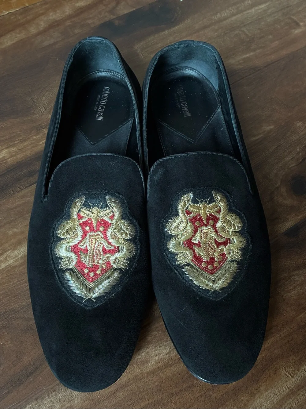 Roberto Cavalli Black Suede Embroidered Crest Smoking Slipper Loafers Size:EU 45